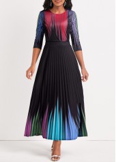 Round Neck Ombre Pleated Black Maxi Dress