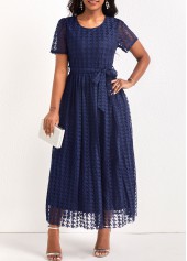 Mesh Belted Navy Round Neck Maxi Dress
