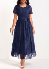 Mesh Belted Navy Round Neck Maxi Dress