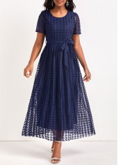Mesh Belted Navy Round Neck Maxi Dress