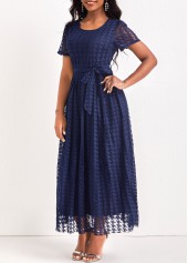 Mesh Belted Navy Round Neck Maxi Dress