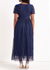 Mesh Belted Navy Round Neck Maxi Dress