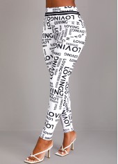 Letter Print White Elastic Waist High Waisted Leggings