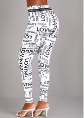 Letter Print White Elastic Waist High Waisted Leggings