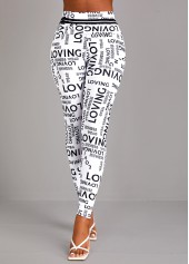 Letter Print White Elastic Waist High Waisted Leggings