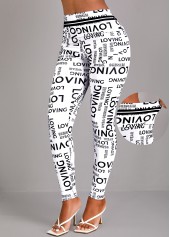 Letter Print White Elastic Waist High Waisted Leggings