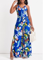 Leaf Print Split Belted Royal Blue Jumpsuit