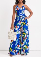 Leaf Print Split Belted Royal Blue Jumpsuit