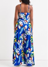 Leaf Print Split Belted Royal Blue Jumpsuit