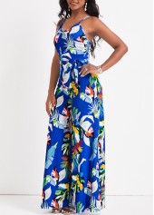Leaf Print Split Belted Royal Blue Jumpsuit