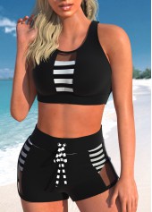 Striped Cutout Mesh Black Bikini Set