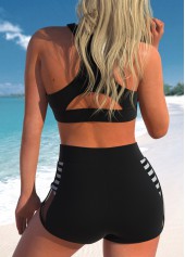 Striped Cutout Mesh Black Bikini Set