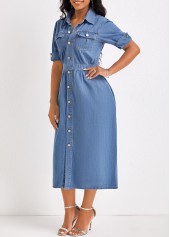Denim Blue Shirt Collar Short Sleeve Dress