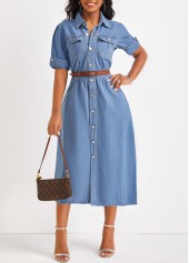 Denim Blue Shirt Collar Short Sleeve Dress