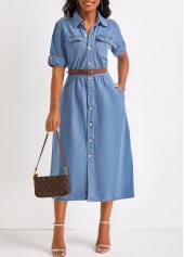 Denim Blue Shirt Collar Short Sleeve Dress