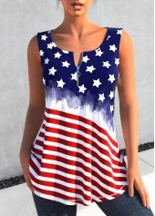 American Flag Print Zipper Navy Tank Top