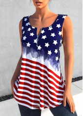 American Flag Print Zipper Navy Tank Top