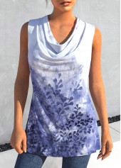 Purplish Blue Leaf Print Tank Top and Lightweight Cardigan