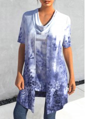 Purplish Blue Leaf Print Tank Top and Lightweight Cardigan