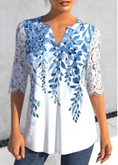 Leaf Print Split Light Blue Half Sleeve Blouse