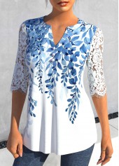 Leaf Print Split Light Blue Half Sleeve Blouse
