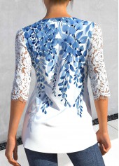 Leaf Print Split Light Blue Half Sleeve Blouse