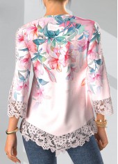 Floral Print Tuck Stitch Light Pink Blouse