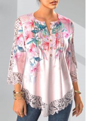 Floral Print Tuck Stitch Light Pink Blouse