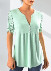 Lace Mint Green Short Sleeve Split Neck Blouse