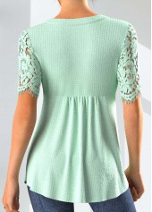 Lace Mint Green Short Sleeve Split Neck Blouse