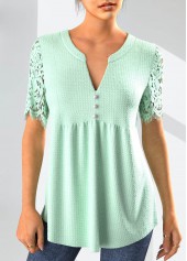 Lace Mint Green Short Sleeve Split Neck Blouse