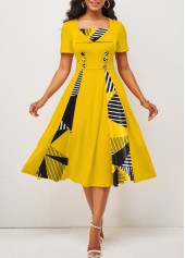 Geometric Print Button Yellow Square Neck Dress