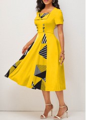Geometric Print Button Yellow Square Neck Dress