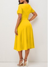 Geometric Print Button Yellow Square Neck Dress