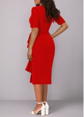 Ruffle V Neck Red Half Sleeve Bodycon Dress