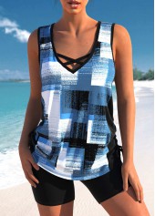 Geometric Print Criss Cross Denim Blue Tankini Top-No Bottom