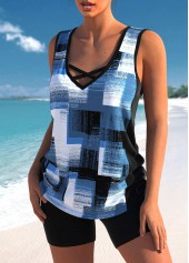 Geometric Print Criss Cross Denim Blue Tankini Top-No Bottom