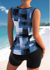 Geometric Print Criss Cross Denim Blue Tankini Top-No Bottom