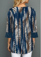 Leopard Fake 2in1 Blue 3/4 Sleeve Round Neck Blouse