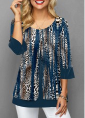 Leopard Fake 2in1 Blue 3/4 Sleeve Round Neck Blouse
