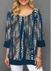 Leopard Fake 2in1 Blue 3/4 Sleeve Round Neck Blouse