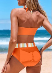 Multi Stripe Print Criss Cross Orange Bikini Set