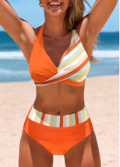 Multi Stripe Print Criss Cross Orange Bikini Set
