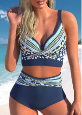 Floral Print Criss Cross Navy Bikini Set