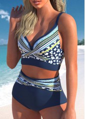 Floral Print Criss Cross Navy Bikini Set