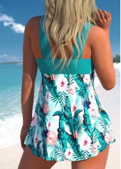 Plants Print Ruched Turquoise Swimdress Set