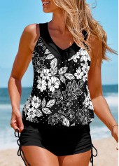 Floral Print Patchwork Black Tankini Set