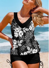 Floral Print Patchwork Black Tankini Top-No Bottom