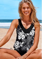 Floral Print Patchwork Black Tankini Set