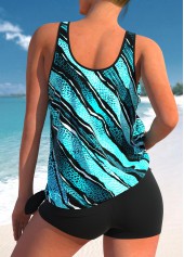 Striped Mesh Stitching Cyan Tankini Set